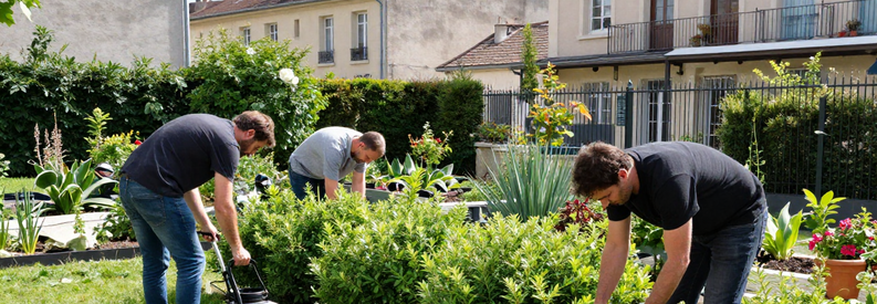 Jardiniers Lyon 1er Tonte Taille Desherbage Trois jardiniers professionnels à Lyon 1er effectuant différentes prestations : tonte de pelouse, taille de haies et désherbage dans des jardins résidentiels.
