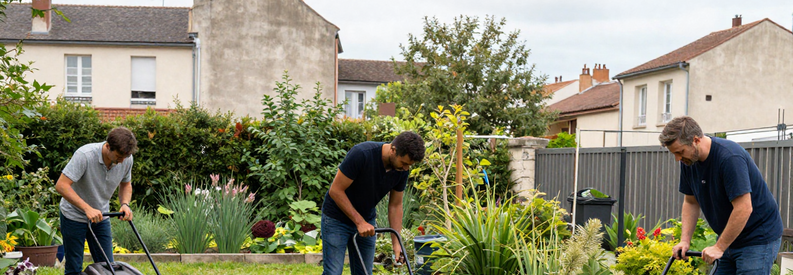 Jardiniers Lyon Tonte Taille Entretien Trois jardiniers professionnels lyonnais effectuant différentes prestations : tonte pelouse, taille haie, élagage arbustes dans jardins résidentiels.