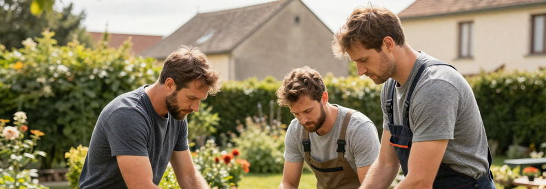 Jardiniers Professionnels Isere Comparaison Deux jardiniers professionnels au travail dans un jardin isérois, illustrant l'intérêt de comparer plusieurs experts qualifiés