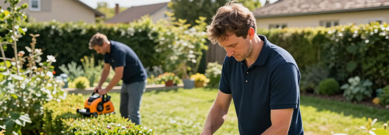 Jardiniers Professionnels Saint Etienne Services Deux jardiniers professionnels au travail dans un jardin résidentiel : l'un taille une haie, l'autre tond la pelouse, illustrant la diversité des services Jardiva à Saint-Étienne.