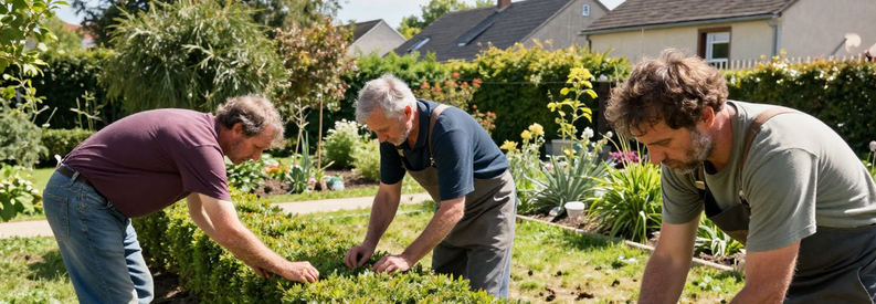 Jardiniers Qualifies Rhone Competences Trois jardiniers professionnels du Rhône au travail : taille, tonte et plantation, illustrant les qualifications et compétences requises.