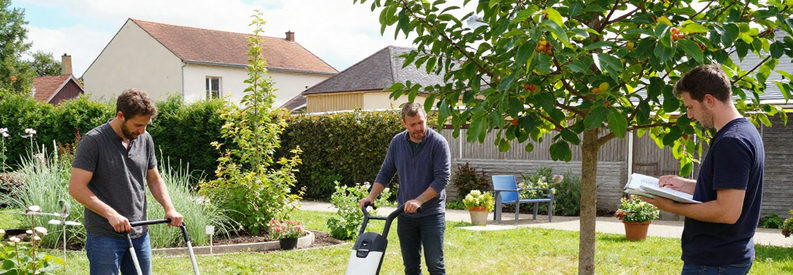 Jardiniers Saint Etienne Prestations Variees Trois professionnels jardiniers à Saint-Étienne illustrant les différentes prestations : tonte, taille de haie, élagage d'arbre