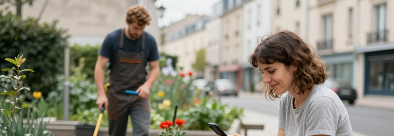 Mise Relation Jardinier Lyon 3eme Client lyonnais contactant jardinier professionnel via plateforme, mise en relation rapide dans le 3ème arrondissement.