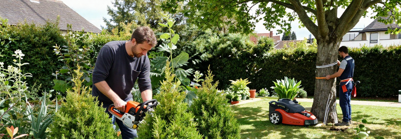 Prestations Jardinier Val Doise Taille Tonte Elagage Jardinier professionnel réalisant taille haie, tonte pelouse et élagage arbre dans jardins résidentiels Val-d'Oise