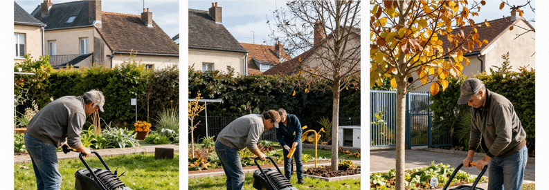 Services Jardinage Lyon 9eme Triptyque Trois services jardinage Lyon 9ème : tonte pelouse, taille arbustes, élagage arbre. Professionnels au travail dans jardins résidentiels pavillonnaires.