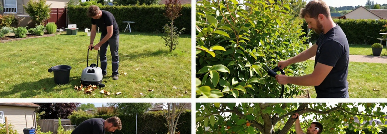 Tarifs Jardinier Drome Tonte Taille Elagage Trois services de jardinage Drôme : tonte pelouse, taille de haie et élagage d'arbre par professionnels au travail.