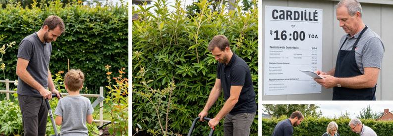 Tarifs Jardiniers Villeurbanne Comparaison Trois jardiniers Villeurbanne avec différentes prestations : tonte petit jardin, taille haie, débroussaillage. Illustration gamme tarifaire variée selon services.