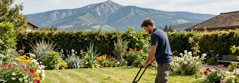 Tonte Pelouse Jardinier Auvergne Rhone Alpes Jardinier professionnel tondant pelouse résidentielle avec montagnes Auvergne-Rhône-Alpes en arrière-plan
