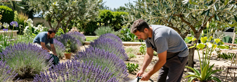 Arrosage Goutte Goutte Jardin Mediterraneen Marseille Jardinier installant système d'arrosage goutte-à-goutte en jardin méditerranéen marseillais, avec lavande et olivier, contraste zone irriguée et zone sèche.