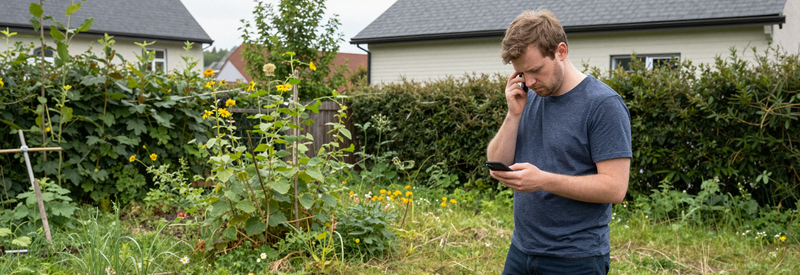 Attente Reponse Jardinier Nord Particulier du Nord attendant réponse jardinier sur téléphone, jardin négligé en arrière-plan