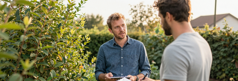 Client avignonnais discutant avec jardinier professionnel dans son jardin pour comparer offres services.