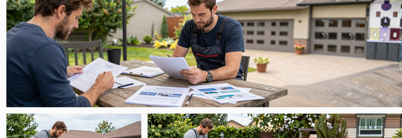 Comparaison Jardiniers Hauts France Criteres Triptyque : consultation avec jardinier, vérification documents SIREN/assurance, deux professionnels au travail illustrant diversité services Hauts-de-France