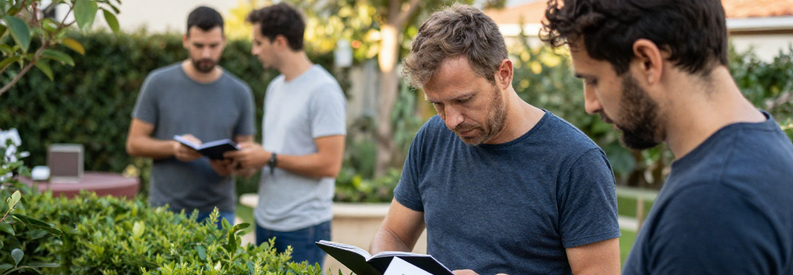 Comparaison Jardiniers Marseille 10e Trois jardiniers professionnels présentent leurs offres concurrentes à un client dans son jardin marseillais, documents d'estimation visibles.