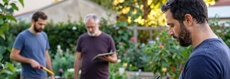 Client marseillais comparant offres de plusieurs jardiniers professionnels vérifiés dans son jardin du 6ème arrondissement.