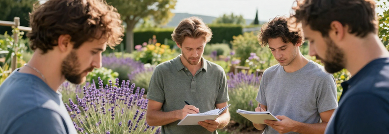 Comparaison Offres Jardiniers Aix Provence Trois jardiniers présentant leurs offres tarifaires à un client dans un jardin aixois, permettant une comparaison directe des services.