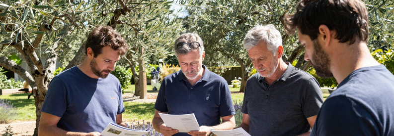 Comparaison Offres Jardiniers Alpes Maritimes Trois jardiniers présentant leurs offres à un client pour comparer tarifs, délais et spécialités en Alpes-Maritimes