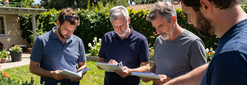 Comparaison Offres Jardiniers Marseille 13eme Trois jardiniers marseillais présentent leurs estimations à un client dans son jardin du 13ème, carnets à la main, sous le soleil provençal.