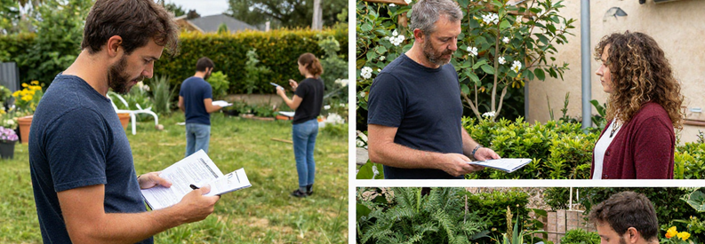 Comparaison Tarifs Jardinier Aix Provence Trois professionnels du jardinage présentant différents tarifs et formules d'entretien à des clients à Aix-en-Provence, documents en main.