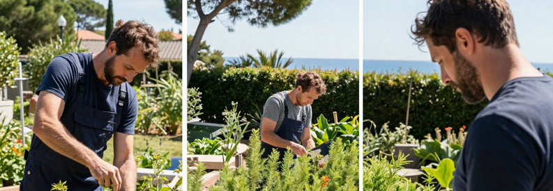 Comparaison Tarifs Jardinier Alpes Maritimes Trois scènes montrant les services jardinier en Alpes-Maritimes : taille de haie, estimation de travaux, et résultat entretien jardin méditerranéen.