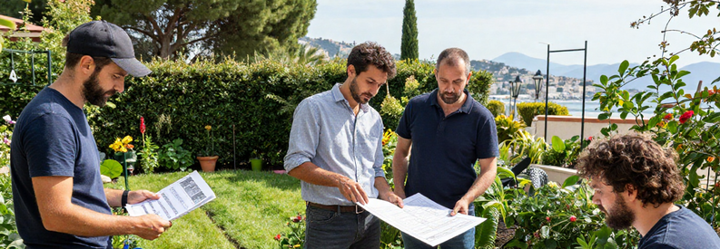Comparaison Tarifs Jardiniers Cannes Trois scènes de consultation tarifaire : auto-entrepreneur présentant estimation, entreprise discutant taille haie, jardinier établissant devis complet avec documents à Cannes.