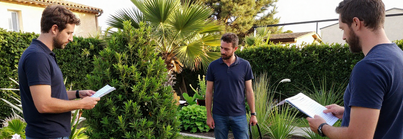 Comparaison Tarifs Jardiniers Marseille 12 Trois jardiniers marseillais présentant différentes estimations (taille haie, tonte, débroussaillage) à un client pour comparer les tarifs professionnels.