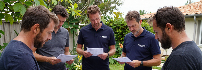 Comparaison Tarifs Jardiniers Marseille 14 Trois jardiniers professionnels présentant leurs tarifs à un client, illustrant la variété des prix à Marseille 14ème.