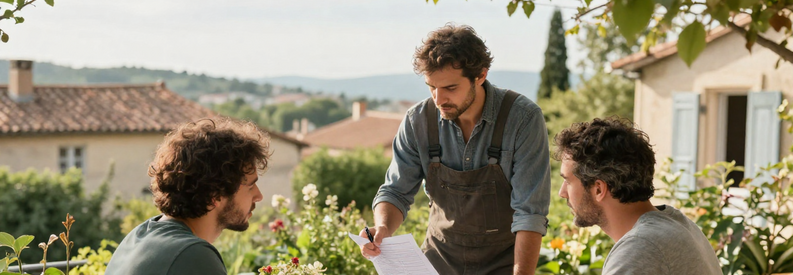 Jardinier en consultation avec client dans jardin provençal d'Aix-en-Provence, documents et estimations à la main.