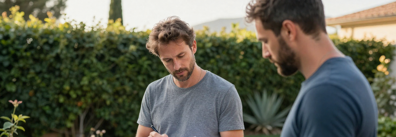 Client et jardinier professionnel discutant projet d'entretien jardin à Antibes, carnet de notes à la main, consultation terrain authentique.