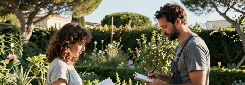 Jardinier présentant ses services à cliente dans jardin méditerranéen Cannes, discussion professionnelle authentique