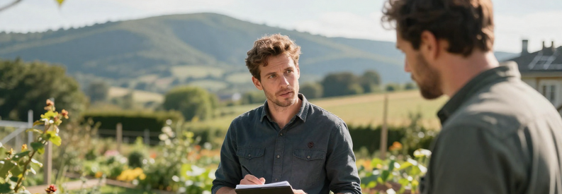 Consultation Jardinier Cantal Client Jardinier du Cantal en consultation avec client dans son jardin, carnet d'estimation à la main, paysage montagneux en arrière-plan