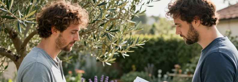 Client et jardinier professionnel en consultation dans jardin marseillais, établissant devis de travaux d'entretien.
