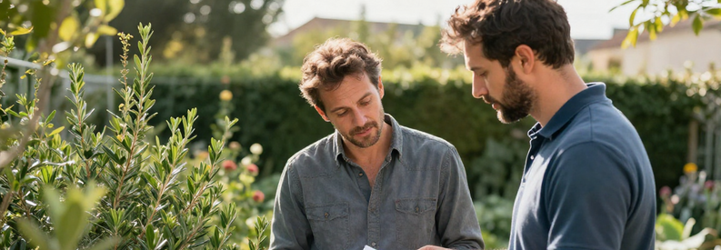 Jardinier professionnel présentant estimation travaux à client dans jardin résidentiel marseillais, carnet à la main.
