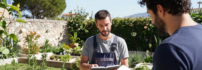 Jardinier présentant estimation travaux à client dans jardin marseillais, illustrant l'importance de comparer les professionnels.