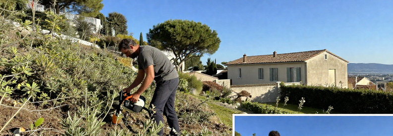 Debroussaillage Marseille 11eme Avant Apres Débroussaillage avant-après à Marseille 11ème : terrain densément broussailleux transformé en zone sécurisée autour habitation, conformité légale incendie.
