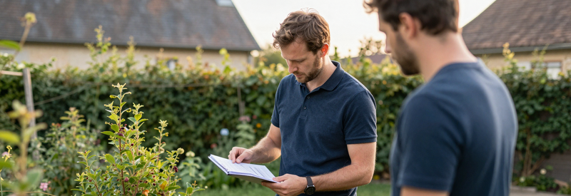 Estimation Jardinier Hauts De France Jardinier présentant une estimation de travaux à un client dans son jardin résidentiel des Hauts-de-France