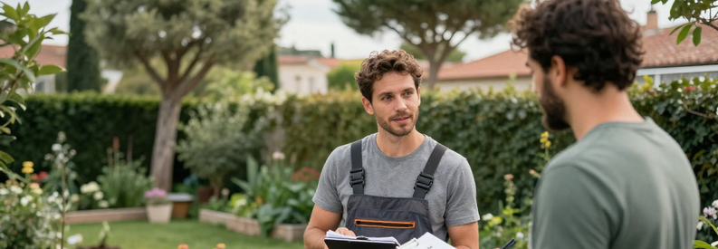 Estimation Jardinier Nice Carnet Tarifs Jardinier présentant estimation tarifée à client dans jardin Nice, carnet détail prestations tonte haie élagage