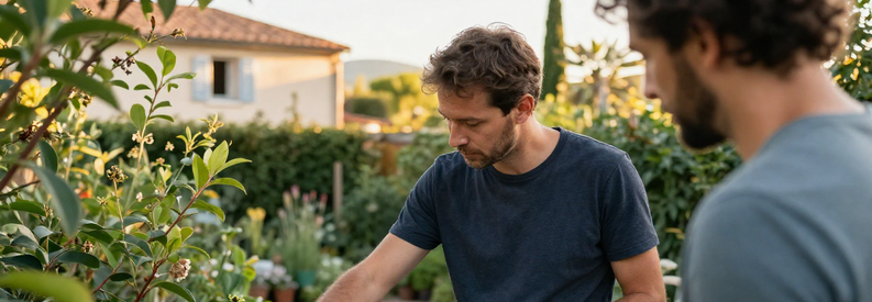Estimation Tarifs Jardinier Marseille 16eme Jardinier établissant une estimation tarifée avec client dans jardin méditerranéen marseillais, carnet de calculs à la main.