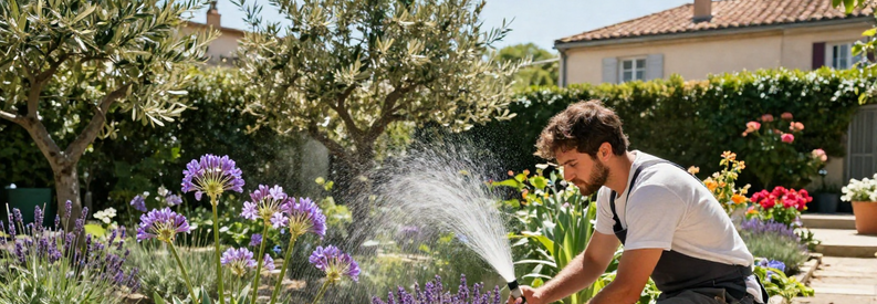 Jardin Mediterraneen Marseille Ete Paillage Jardinier aménageant jardin méditerranéen marseillais avec paillage et arrosage adapté au climat sec estival