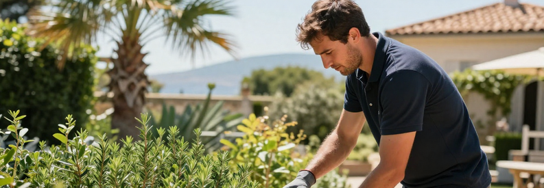 Jardinier Antibes Taille Haie Mediterranee Jardinier professionnel taillant une haie méditerranéenne à Antibes, illustrant la diversité des services d'entretien du réseau Jardiva