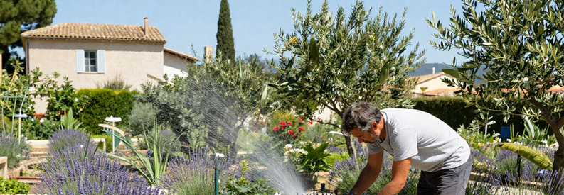 Jardinier Cannes Climat Mediterraneen Irrigation Professionnel jardinier spécialisé climat méditerranéen à Cannes, ajustant irrigation et taille pour plantes xérophiles adaptées à sécheresse estivale