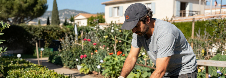 Jardinier Cannes Taille Haie Professionnel Jardinier Cannes en action effectuant la taille d'une haie dans un jardin résidentiel méditerranéen, illustration des services d'entretien disponibles.