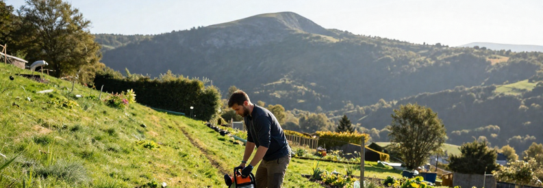Jardinier Cantal Tonte Pelouse Paysage Jardinier professionnel tondeuse à main dans un jardin en pente du Cantal, paysage rural montagneux en arrière-plan