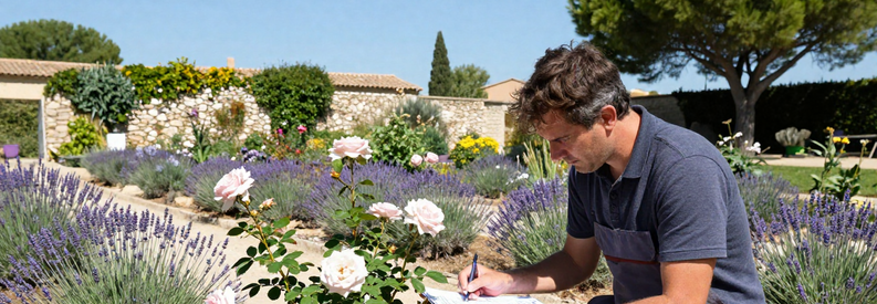 Jardinier Expert Mediterraneen Toulon Var Jardinier professionnel du Var inspectant plantes méditerranéennes adaptées au climat toulonnais, expertise locale et saisonnalité régionale