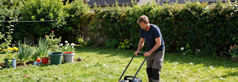 Jardinier professionnel tondeuse à la main, entretenant pelouse résidentielle en Haute-Loire