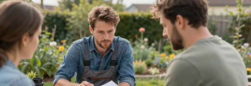 Jardinier certifié Hauts-de-France présentant ses documents d'assurance et SIREN à un client dans son jardin