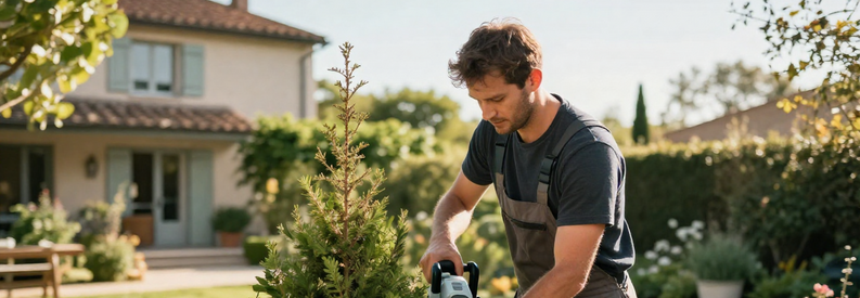 Jardinier Marseille 11 Taille Haie Thuya Jardinier marseillais en action taillant une haie de thuya dans un jardin du 11ème arrondissement avec professionnel