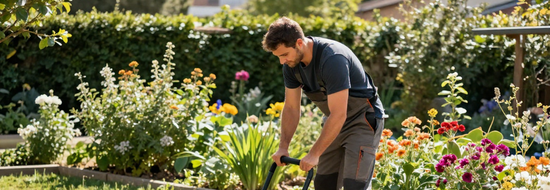 Jardinier Marseille 12eme Tonte Pelouse Jardinier professionnel tondant pelouse dans jardin marseillais avec haies et massifs en arrière-plan