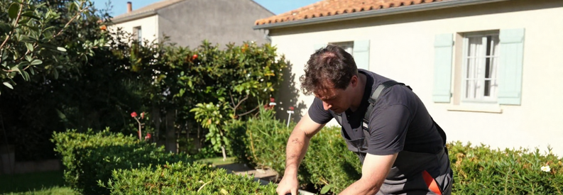 Jardinier professionnel au travail dans un jardin du 13ème arrondissement de Marseille, taillant une haie avec expertise