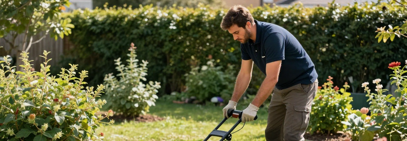Jardinier Marseille 13eme Tonte Pelouse Jardinier professionnel tondeuse à gazon dans jardin résidentiel Marseille 13ème, végétation méditerranéenne
