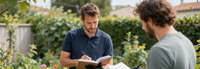 Professionnel jardinier du 14ème arrondissement de Marseille présentant ses zones d'intervention à un client dans son jardin résidentiel.